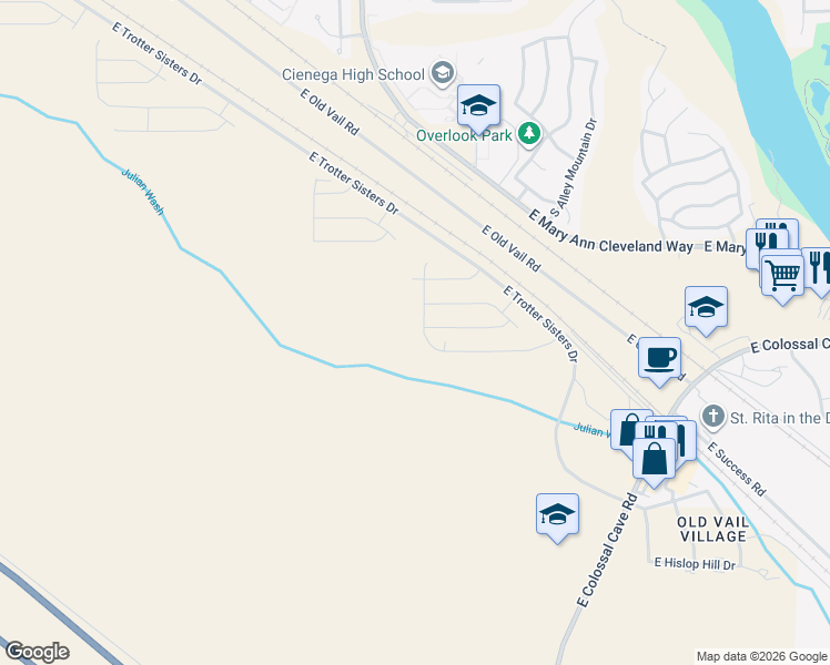 map of restaurants, bars, coffee shops, grocery stores, and more near 11801-12559 East Old Vail Road in Vail