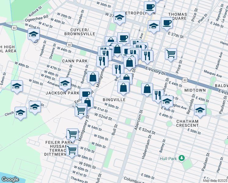 map of restaurants, bars, coffee shops, grocery stores, and more near 33 Nephew Street in Savannah