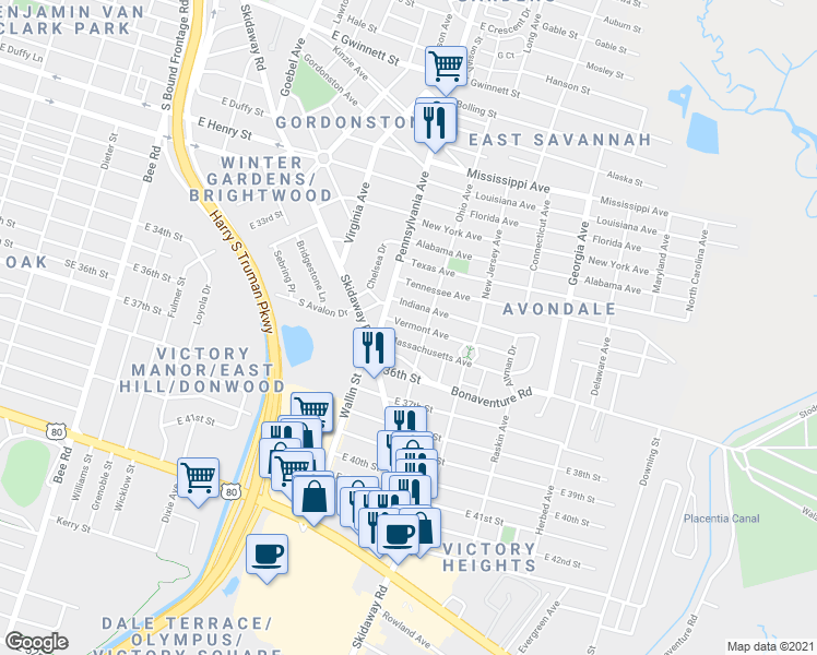 map of restaurants, bars, coffee shops, grocery stores, and more near 2017 Vermont Avenue in Savannah
