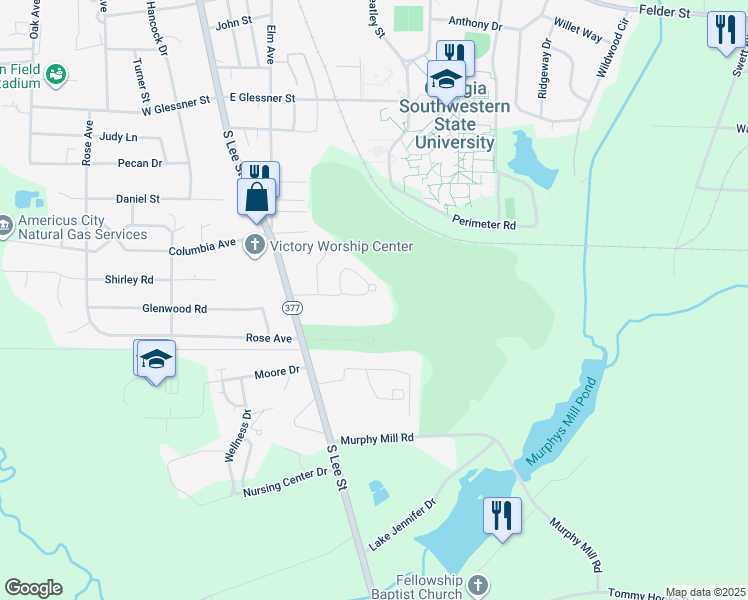 map of restaurants, bars, coffee shops, grocery stores, and more near 215 Fairway Circle in Americus