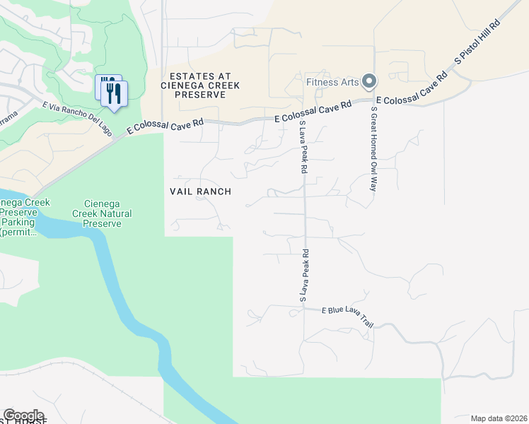 map of restaurants, bars, coffee shops, grocery stores, and more near 14674 East Colossal Cave Road in Vail