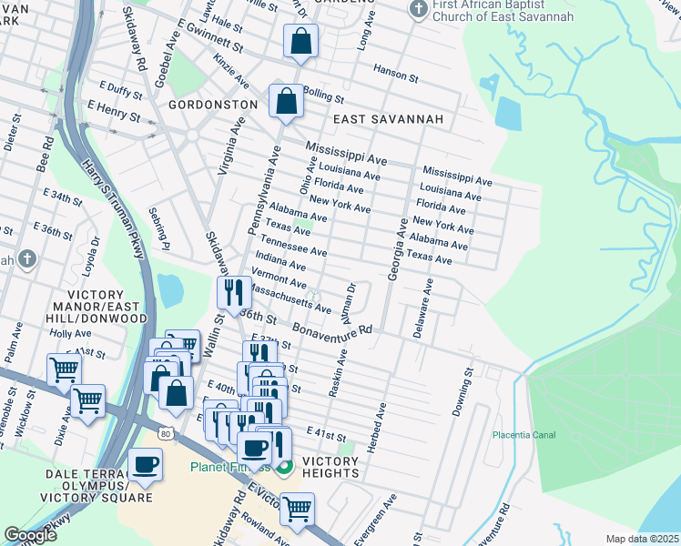 map of restaurants, bars, coffee shops, grocery stores, and more near 2147 Indiana Avenue in Savannah