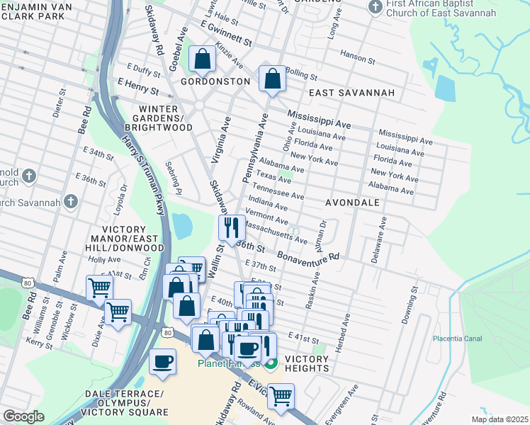 map of restaurants, bars, coffee shops, grocery stores, and more near 1905 Ohio Avenue in Savannah