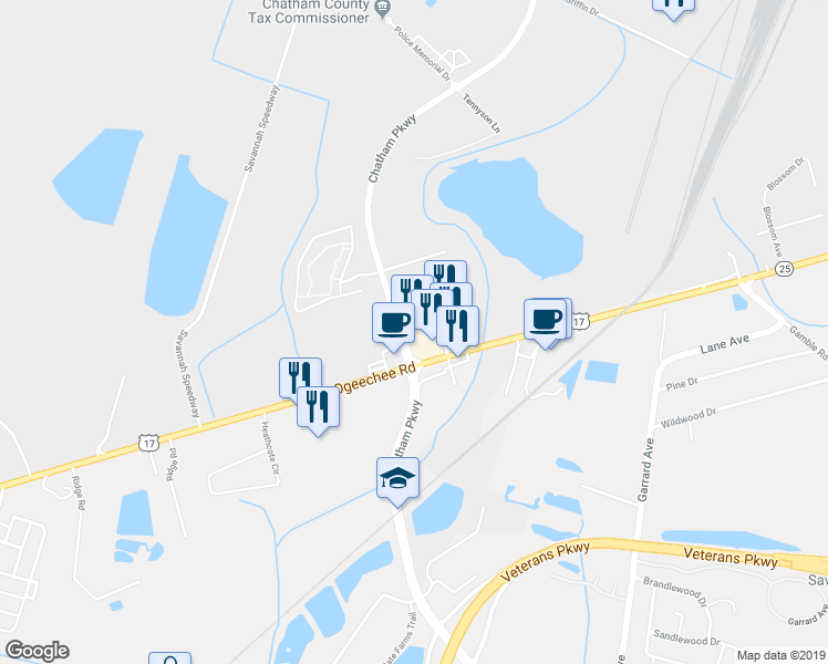 map of restaurants, bars, coffee shops, grocery stores, and more near 19 Mersey Way in Savannah