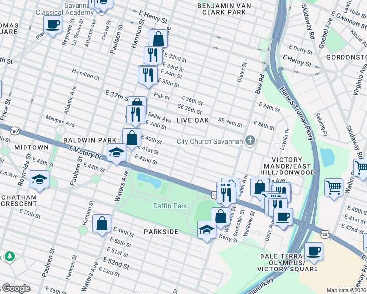 map of restaurants, bars, coffee shops, grocery stores, and more near 2406 Cedar Street in Savannah