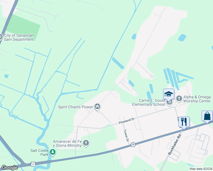 map of restaurants, bars, coffee shops, grocery stores, and more near 119 Salt Creek Road in Savannah