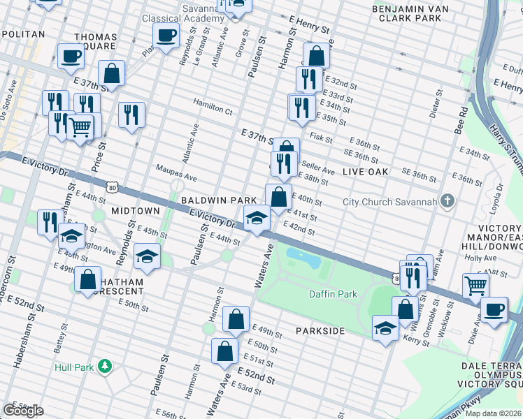map of restaurants, bars, coffee shops, grocery stores, and more near 1007 East 41st Street in Savannah