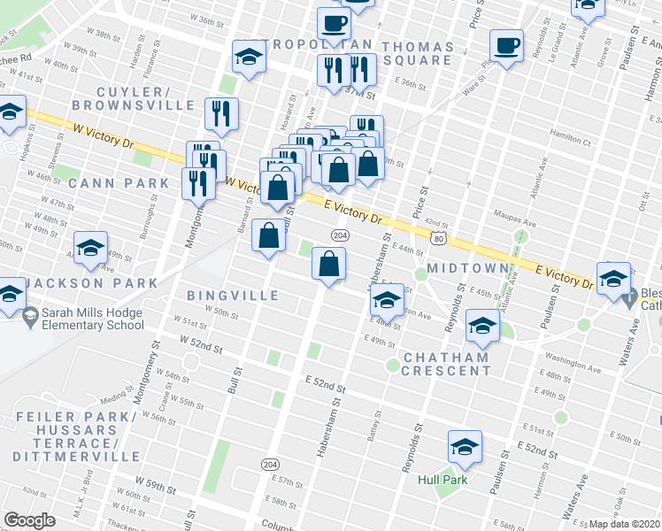 map of restaurants, bars, coffee shops, grocery stores, and more near Abercorn St & E 46th St in Savannah