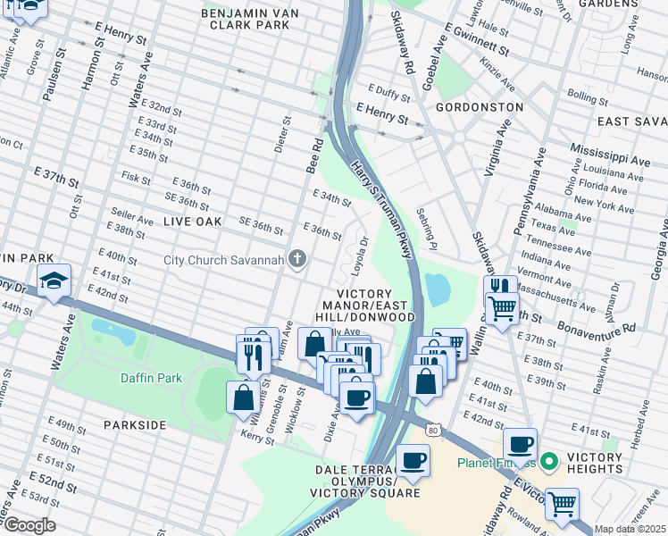 map of restaurants, bars, coffee shops, grocery stores, and more near 1710 East 38th Street in Savannah
