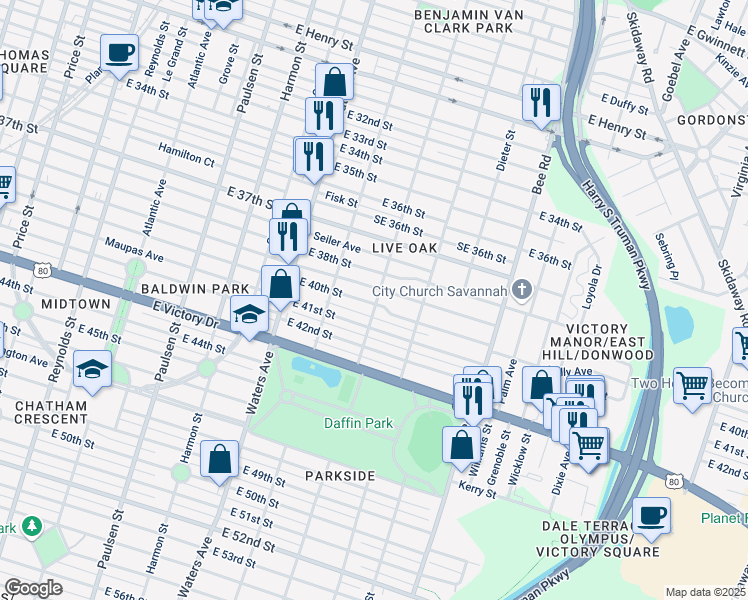 map of restaurants, bars, coffee shops, grocery stores, and more near 2406 Cedar Street in Savannah