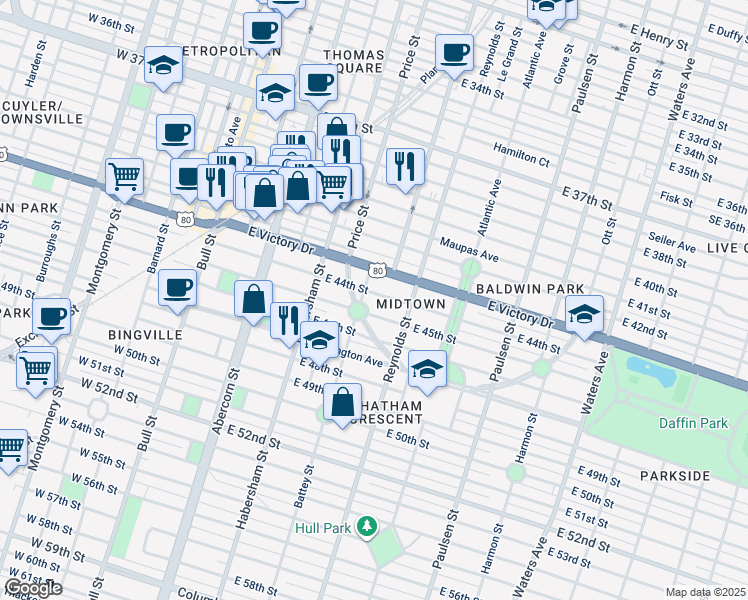 map of restaurants, bars, coffee shops, grocery stores, and more near 45TH West Street in Savannah
