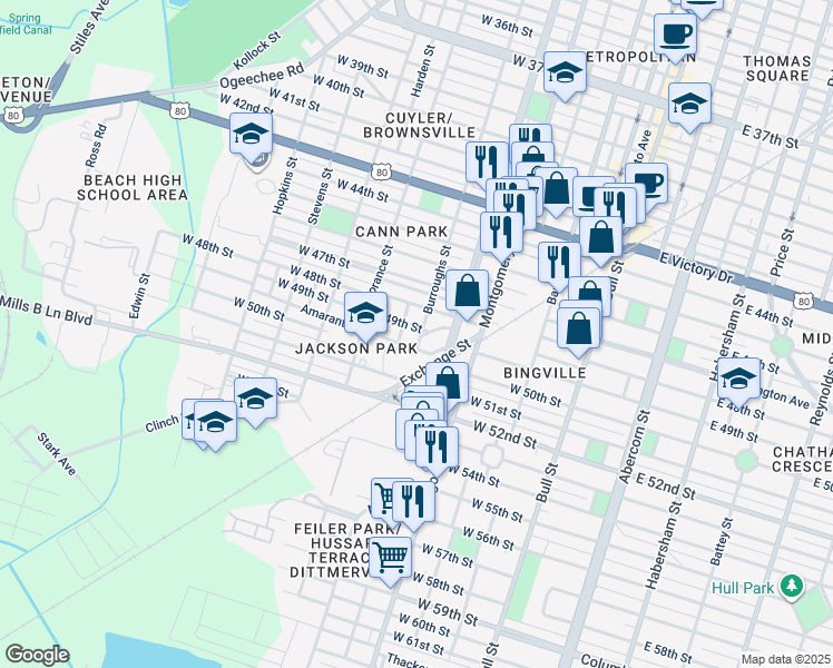 map of restaurants, bars, coffee shops, grocery stores, and more near 511 Amaranth Avenue in Savannah