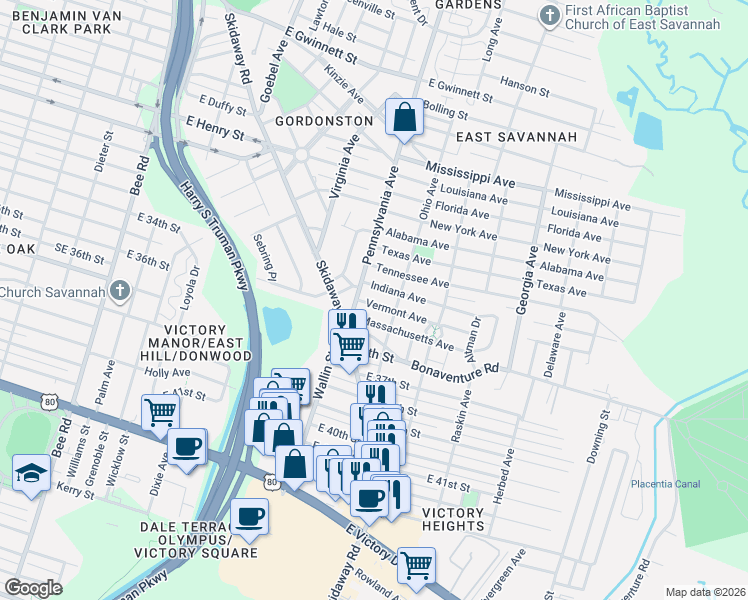 map of restaurants, bars, coffee shops, grocery stores, and more near 1905 Ohio Avenue in Savannah