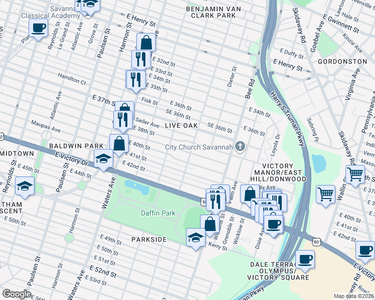 map of restaurants, bars, coffee shops, grocery stores, and more near 1313 East 38th Street in Savannah