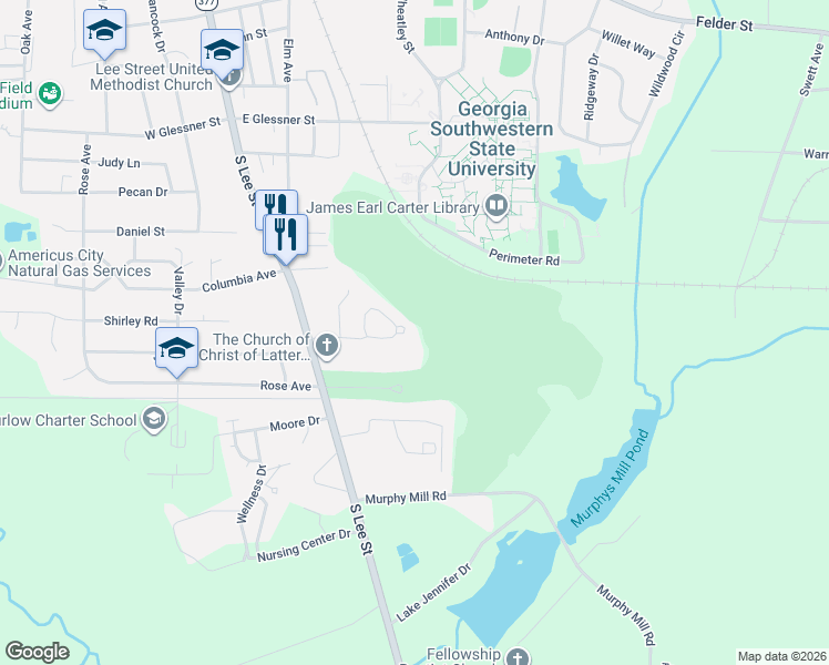 map of restaurants, bars, coffee shops, grocery stores, and more near 221 Fairway Circle in Americus