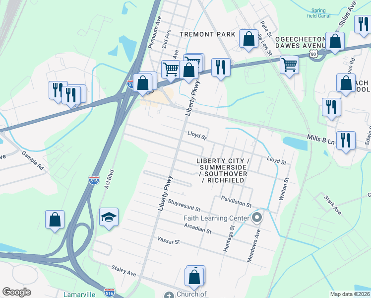 map of restaurants, bars, coffee shops, grocery stores, and more near 1828 Tuskeegee Street in Savannah