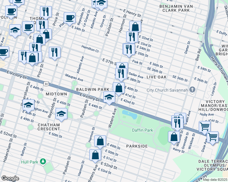 map of restaurants, bars, coffee shops, grocery stores, and more near 1003 East 40th Street in Savannah