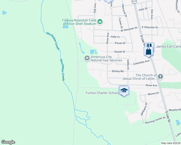 map of restaurants, bars, coffee shops, grocery stores, and more near 313 Shirley Road in Americus