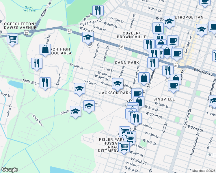 map of restaurants, bars, coffee shops, grocery stores, and more near 3302 Bulloch Street in Savannah