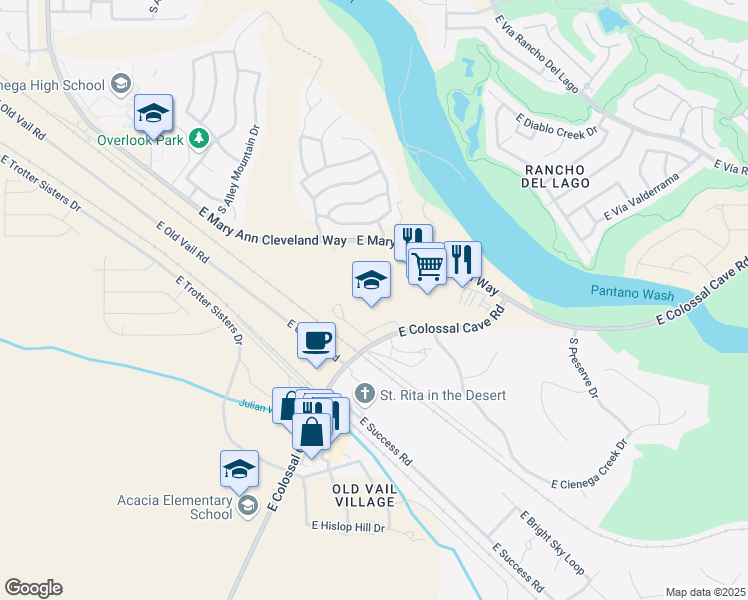 map of restaurants, bars, coffee shops, grocery stores, and more near 13299 East Colossal Cave Road in Vail