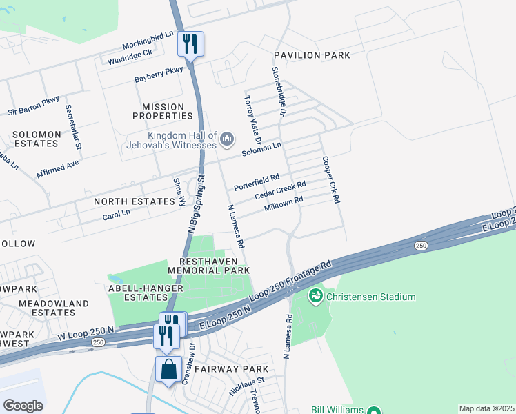 map of restaurants, bars, coffee shops, grocery stores, and more near 1118 Cedar Creek Road in Midland