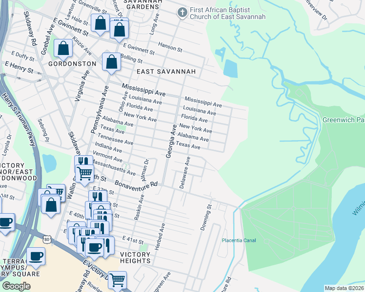 map of restaurants, bars, coffee shops, grocery stores, and more near 2320 Texas Avenue in Savannah