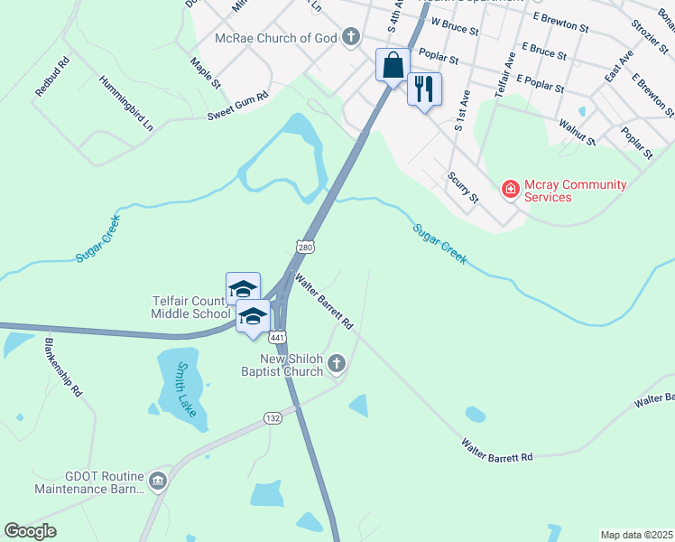 map of restaurants, bars, coffee shops, grocery stores, and more near 17 Barrett Street in McRae-Helena