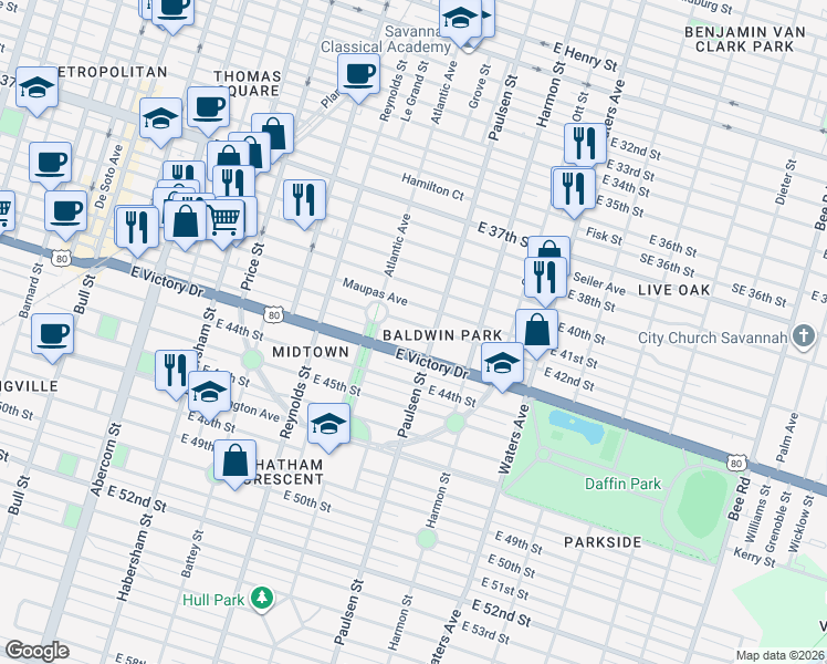map of restaurants, bars, coffee shops, grocery stores, and more near 717 East 41st Street in Savannah