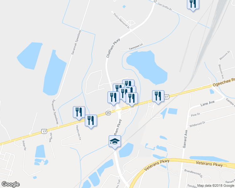 map of restaurants, bars, coffee shops, grocery stores, and more near 1694 Chatham Parkway in Savannah