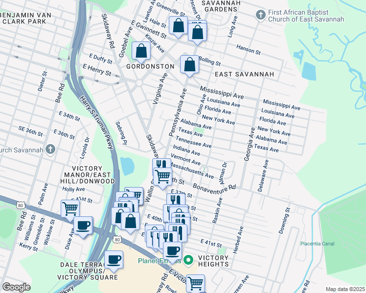 map of restaurants, bars, coffee shops, grocery stores, and more near 2026 Indiana Avenue in Savannah