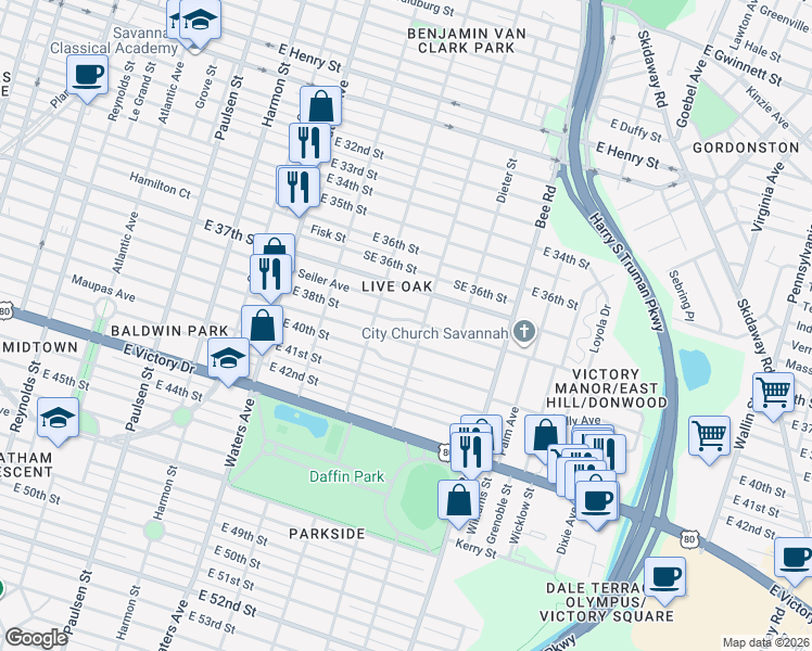 map of restaurants, bars, coffee shops, grocery stores, and more near 1313 East 38th Street in Savannah