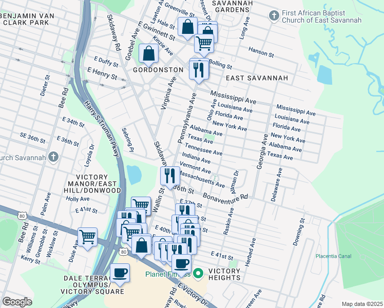 map of restaurants, bars, coffee shops, grocery stores, and more near 2026 Indiana Avenue in Savannah