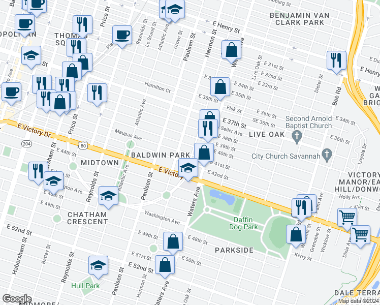 map of restaurants, bars, coffee shops, grocery stores, and more near 916 Maupas Avenue in Savannah