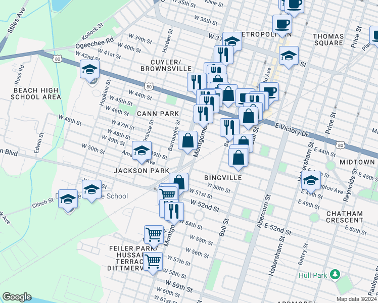 map of restaurants, bars, coffee shops, grocery stores, and more near 411 West 47th Street in Savannah