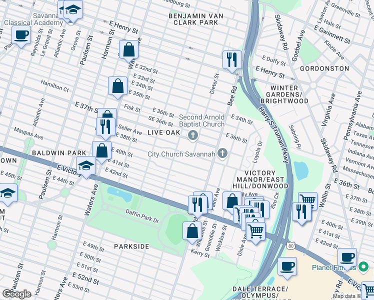 map of restaurants, bars, coffee shops, grocery stores, and more near 1404 East 38th Street in Savannah