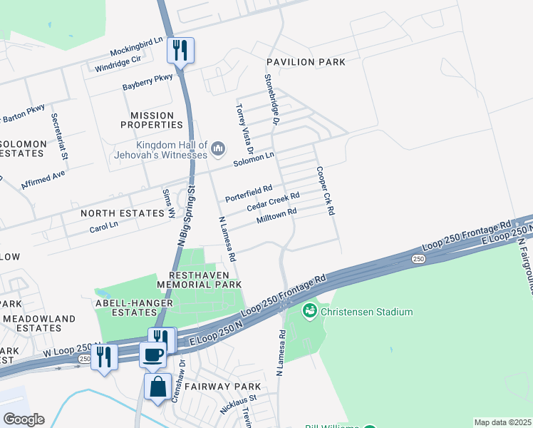 map of restaurants, bars, coffee shops, grocery stores, and more near 1211 Milltown in Midland