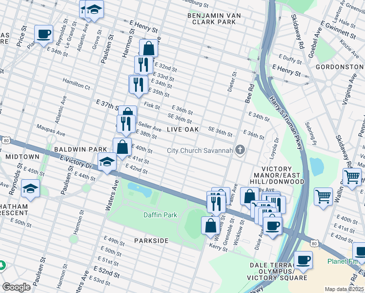 map of restaurants, bars, coffee shops, grocery stores, and more near 1313 East 38th Street in Savannah