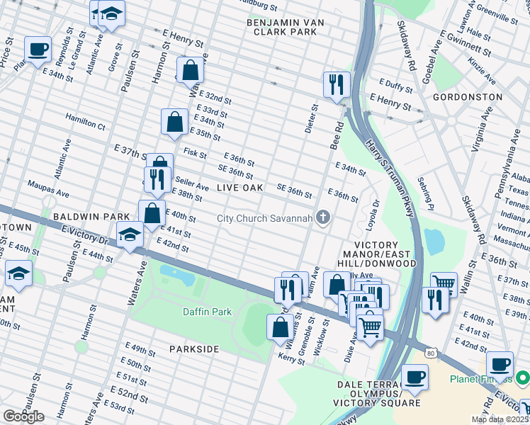 map of restaurants, bars, coffee shops, grocery stores, and more near 1404 East 38th Street in Savannah