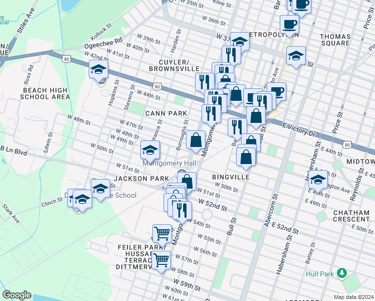 map of restaurants, bars, coffee shops, grocery stores, and more near 520 West 48th Street in Savannah