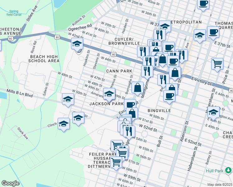 map of restaurants, bars, coffee shops, grocery stores, and more near 3208 Perth Street in Savannah