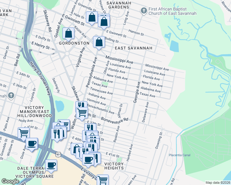 map of restaurants, bars, coffee shops, grocery stores, and more near 2144 Tennessee Avenue in Savannah