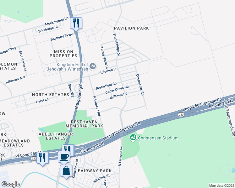 map of restaurants, bars, coffee shops, grocery stores, and more near 1211 Milltown in Midland