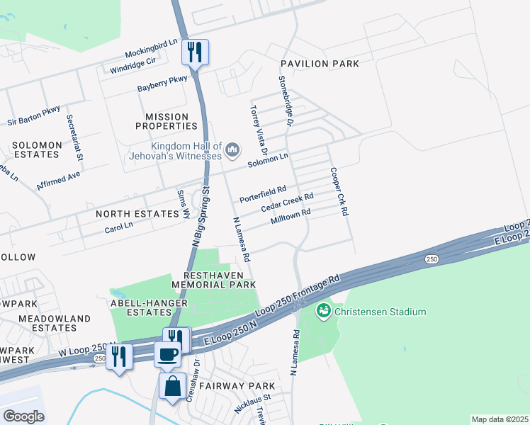 map of restaurants, bars, coffee shops, grocery stores, and more near 1118 Cedar Creek Road in Midland