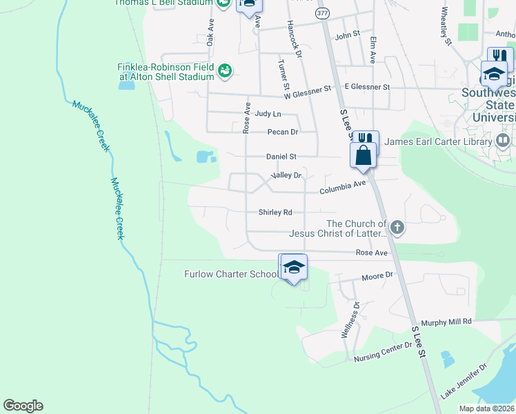 map of restaurants, bars, coffee shops, grocery stores, and more near 221 Shirley Road in Americus