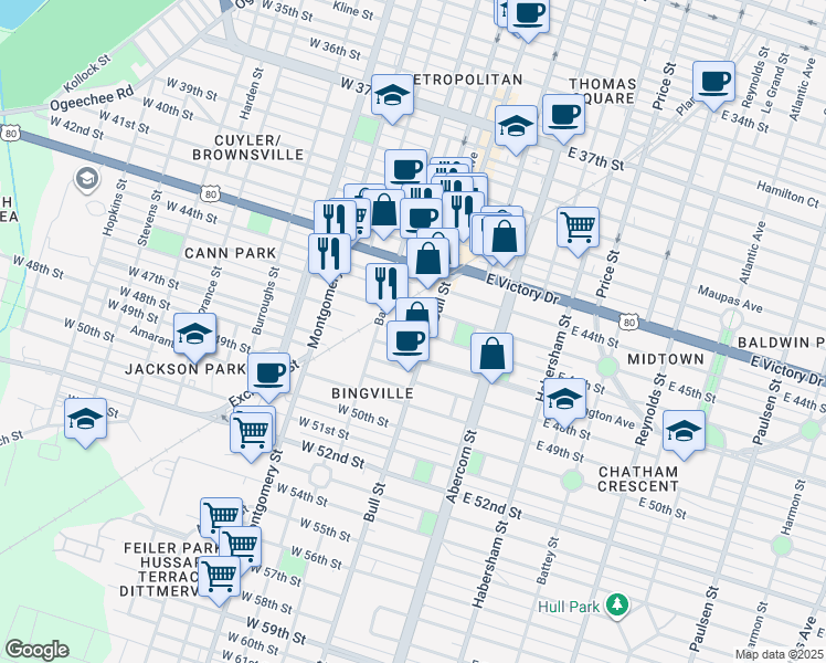 map of restaurants, bars, coffee shops, grocery stores, and more near 14 Pearl Street in Savannah