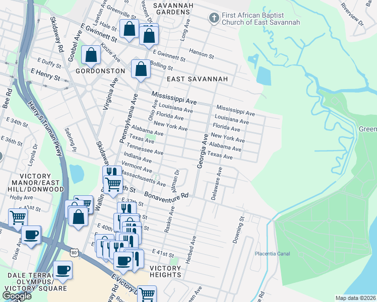 map of restaurants, bars, coffee shops, grocery stores, and more near 2201 Texas Avenue in Savannah