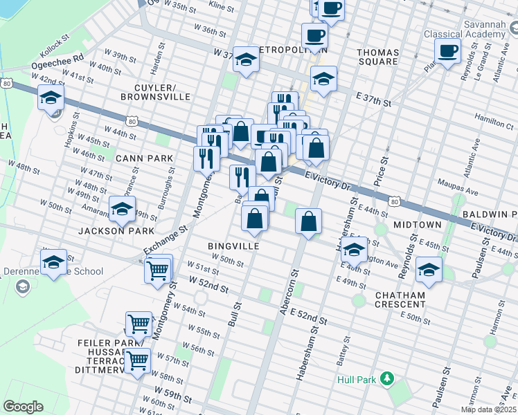 map of restaurants, bars, coffee shops, grocery stores, and more near 14 Pearl Street in Savannah