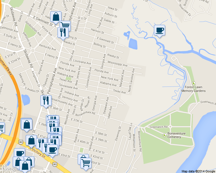map of restaurants, bars, coffee shops, grocery stores, and more near 2320 Texas Avenue in Savannah