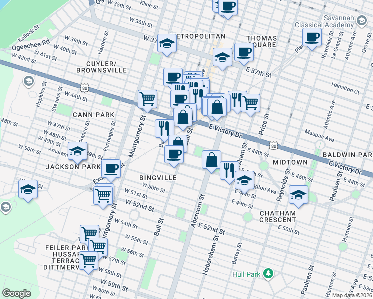 map of restaurants, bars, coffee shops, grocery stores, and more near 3 Entelman Place in Savannah