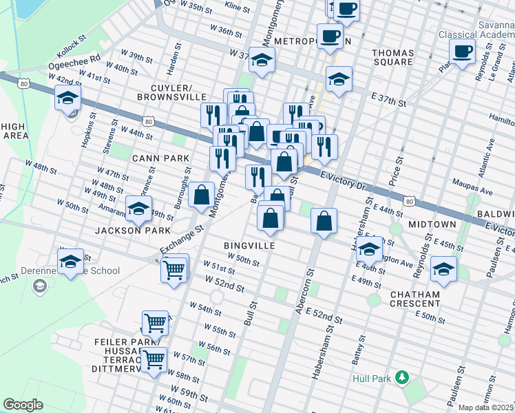 map of restaurants, bars, coffee shops, grocery stores, and more near in Savannah